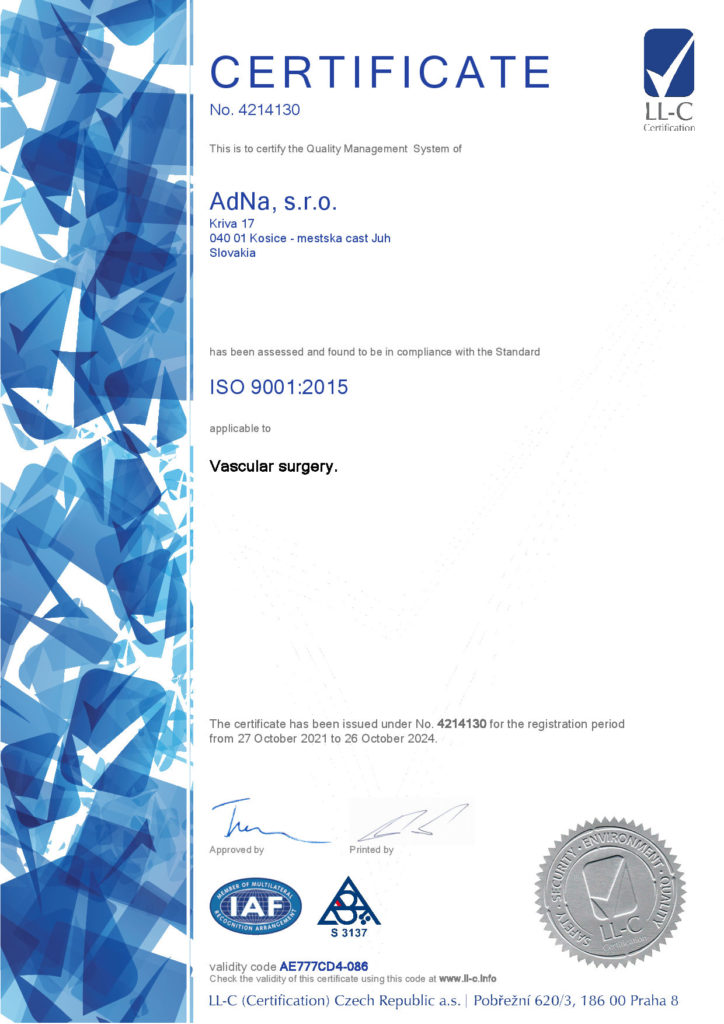 Certifikát Adna ISO 9001:2015 for vascular surgery